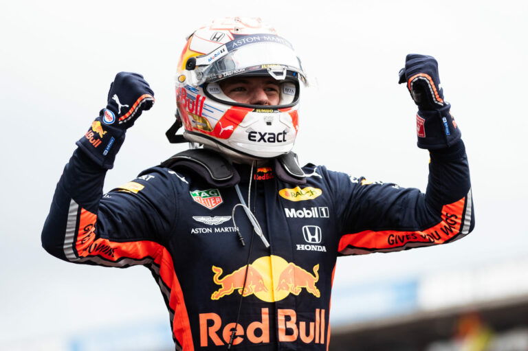 HOCKENHEIM, GERMANY - JULY 28: Race winner Max Verstappen of Netherlands and Red Bull Racing celebrates in parc ferme during the F1 Grand Prix of Germany at Hockenheimring on July 28, 2019 in Hockenheim, Germany. (Photo by Lars Baron/Getty Images)