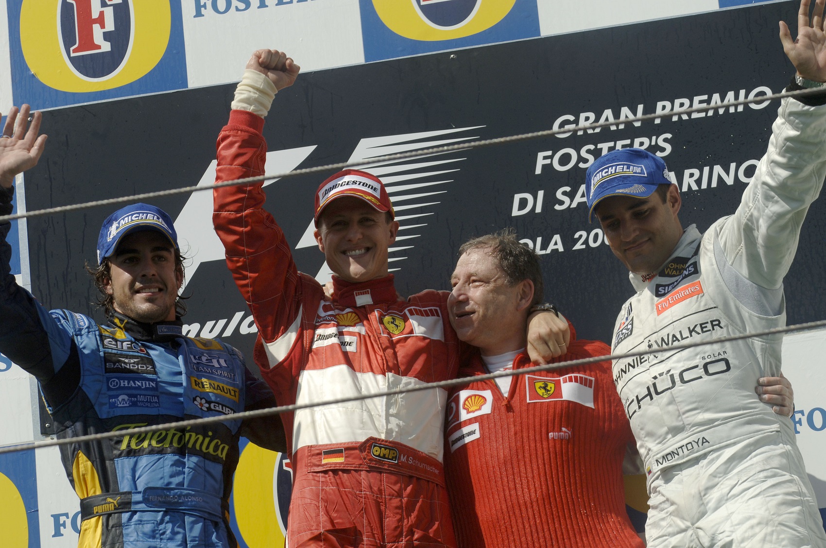 fernando alonso, michael schumacher, jean todt, juan pablo montoya, imola