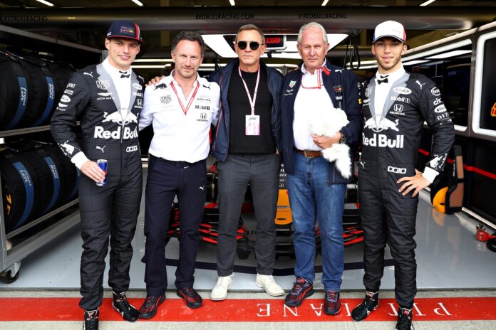 daniel craig, max verstappen, christian horner, helmut marko, pierre gasly