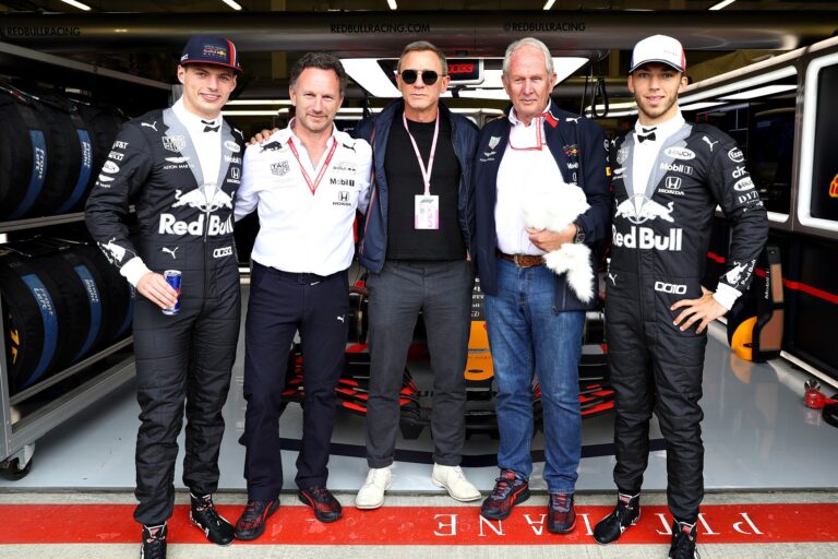 daniel craig, max verstappen, christian horner, helmut marko, pierre gasly
