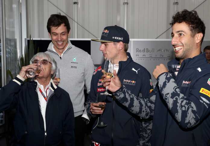 bernie ecclestone, toto wolff, max verstappen, daniel ricciardo