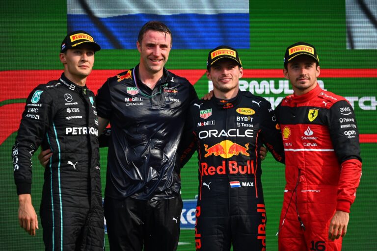 George Russell, Max Verstappen, Charles Leclerc, pontverseny