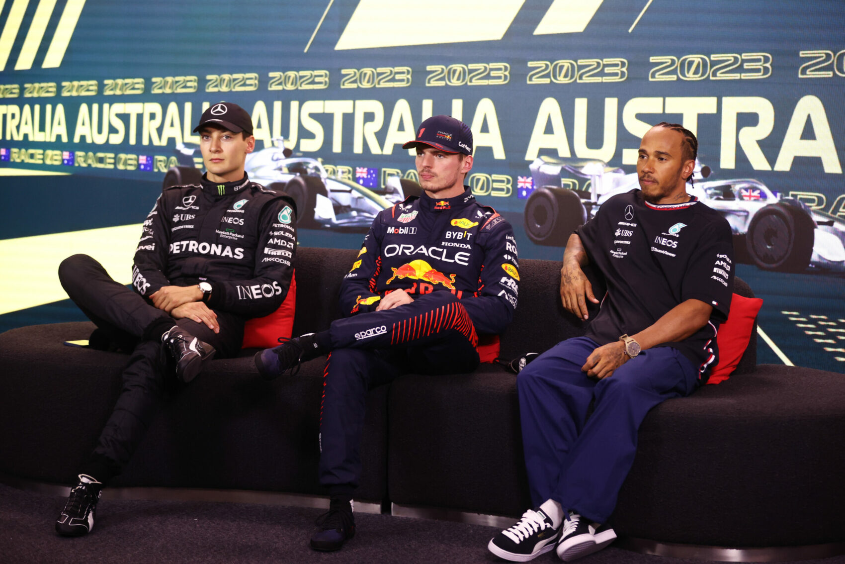 George Russell, Max Verstappen, Lewis Hamilton