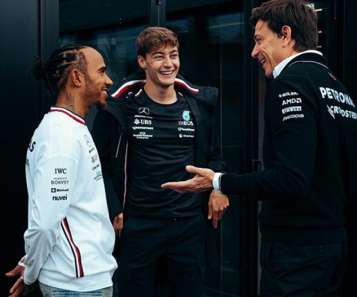 Lewis Hamilton, Toto Wolff, George Russell, Mercedes